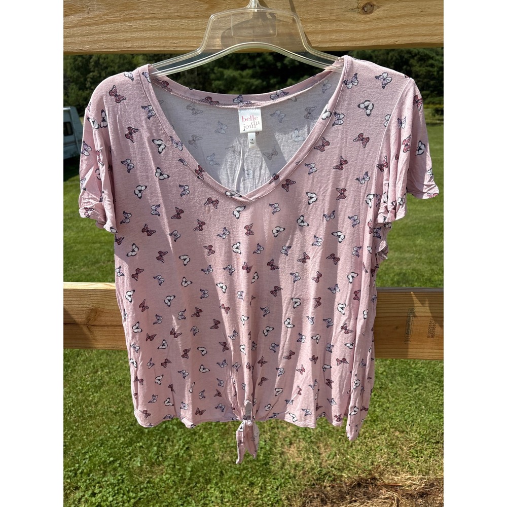 Belle Du Jour Pink Butterfly Print Tie Front V-Neck Top Plus Size 1X